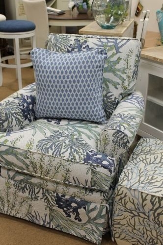 Armchair and Ottoman Set with Blue Green Coral Reef Print