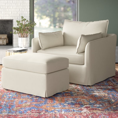 Armchair: Cream Slipcovered Chair and Ottoman Set for Farmhouse Style
