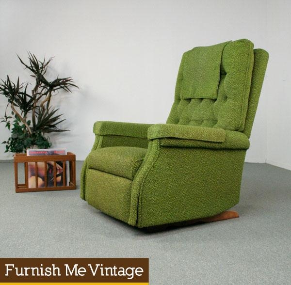 Armchair Integrated Headrest Textured Olive Nubby Fabric Wood Base
