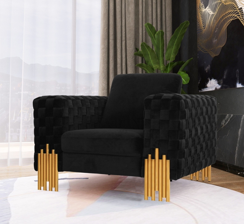 Armchair with Unique Checkered Woven Texture and Tiered Gold Legs