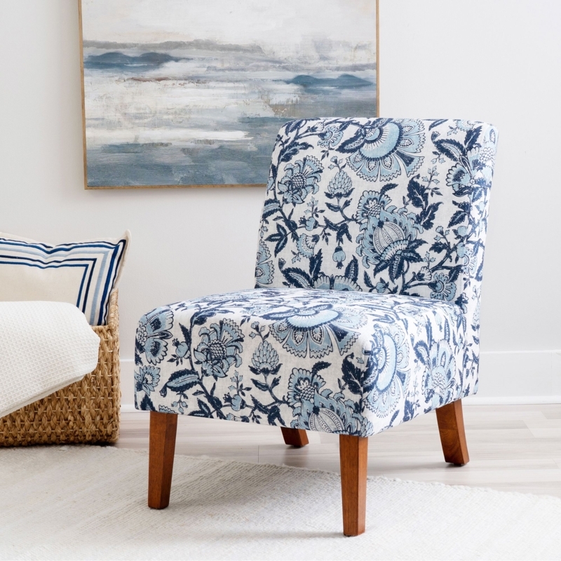 Armless Slipper Chair, Botanical Print, Tapered Wood Legs