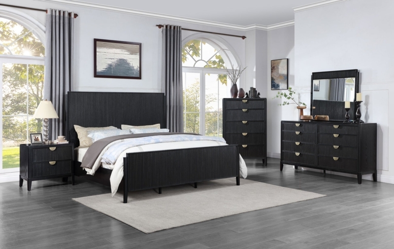 Art Deco Bedroom Set with Vertical Ribbing & Gold Half-Moon Pulls