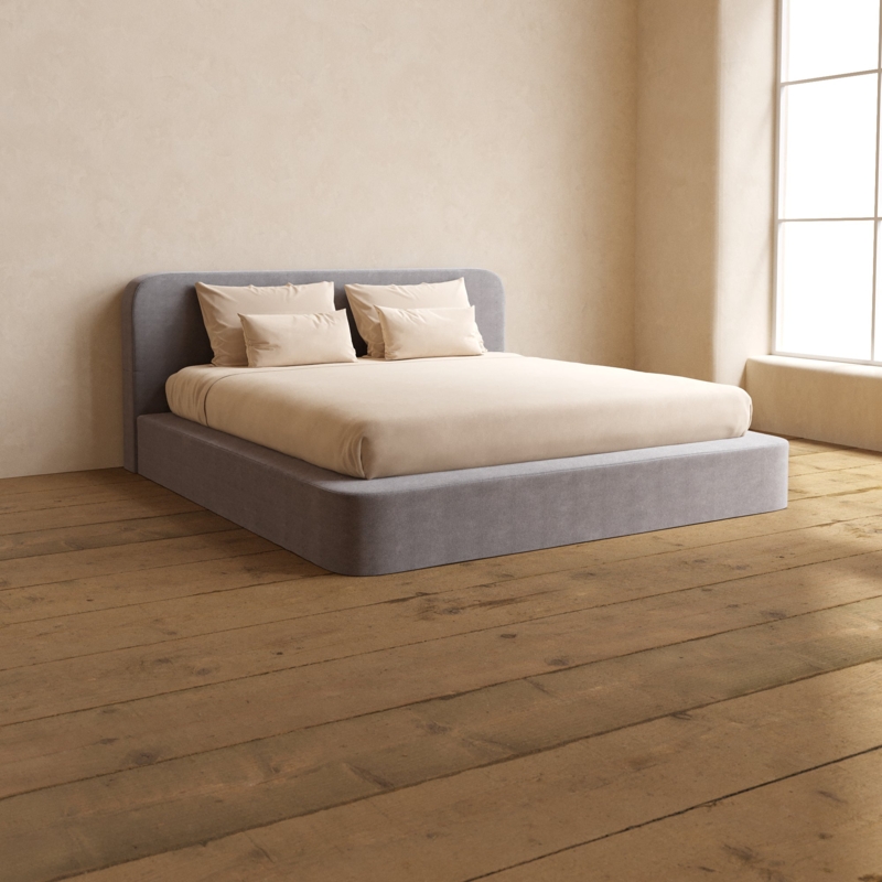 Ash Upholstered Platform Bed Plush Weave Curved Corners