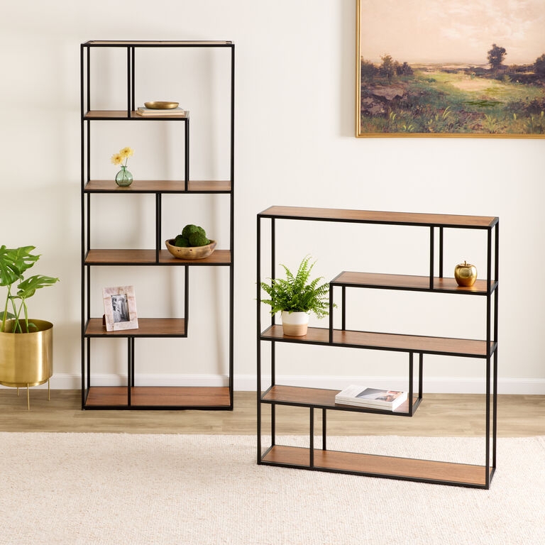 Asymmetrical Black Metal Bookshelf with Geometric Wood Shelves