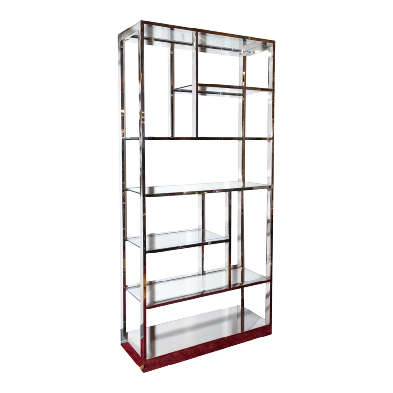 Asymmetrical Etagere in Polished Chrome and Glass with Burgundy Base