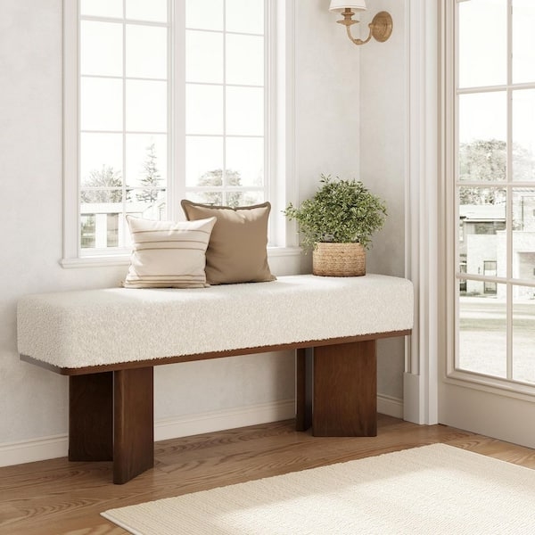 Backless White Boucle Bench with Chunky Dark Wood Legs