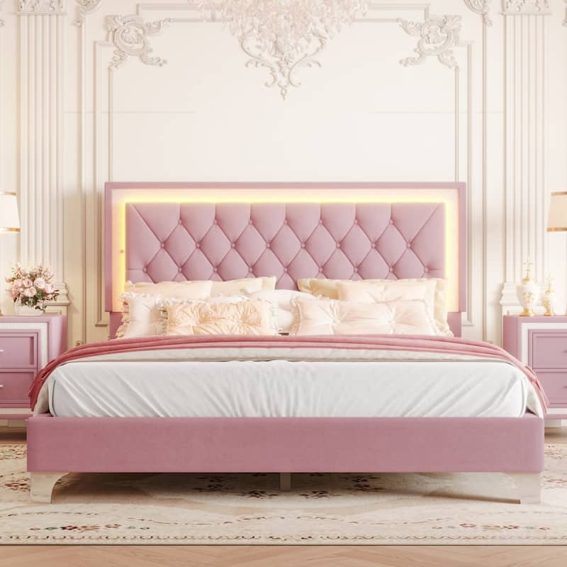 Backlit Velvet Headboard Platform Bed with Diamond Tufting Details