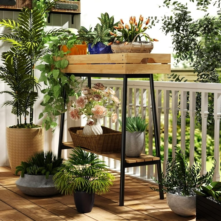 Bamboo Plant Table Cutout Handles Black Metal Frame Tray Top