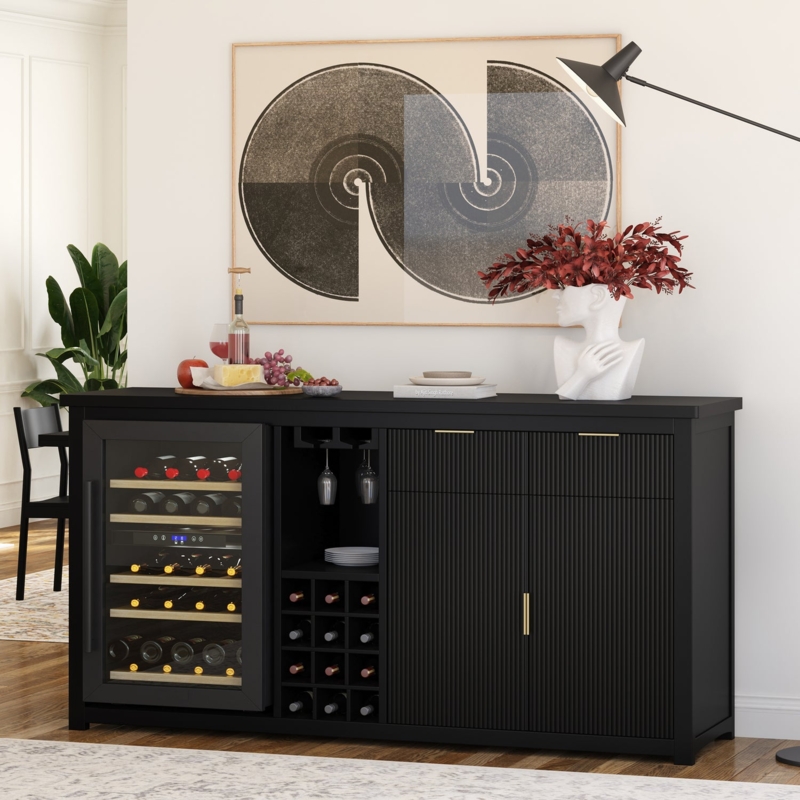 Bar Cabinet Black Fluted Doors Integrated Wine Fridge Matte Sideboard