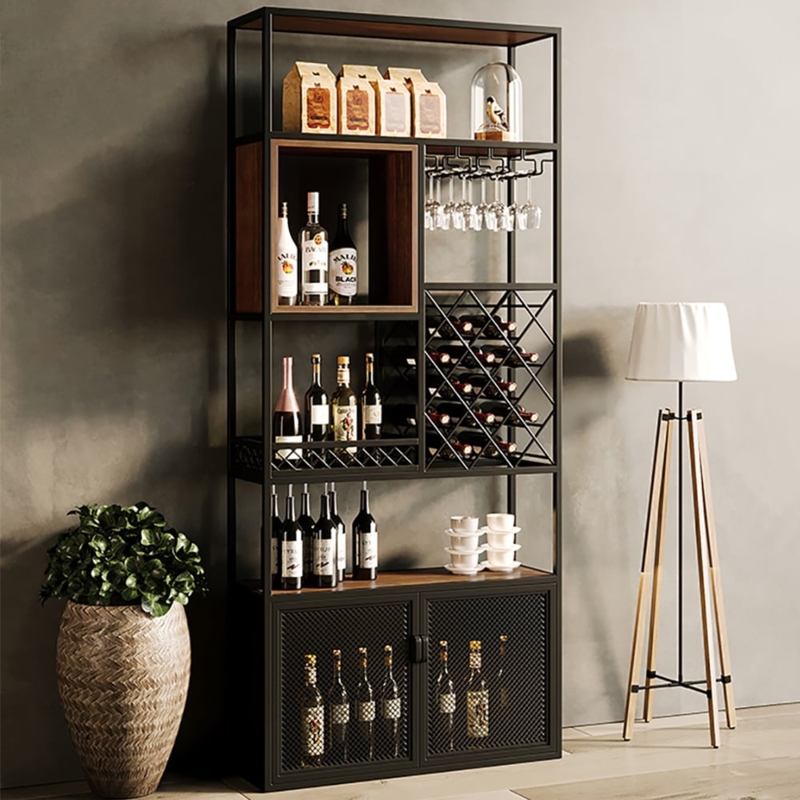 Bar Cabinet Black Metal Frame Mesh Doors Industrial Wine Rack