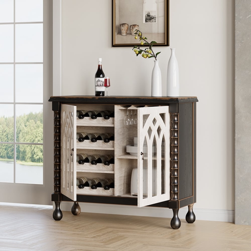 Bar Cabinet Black White Lattice Doors Turned Legs Gothic Wine Cabinet