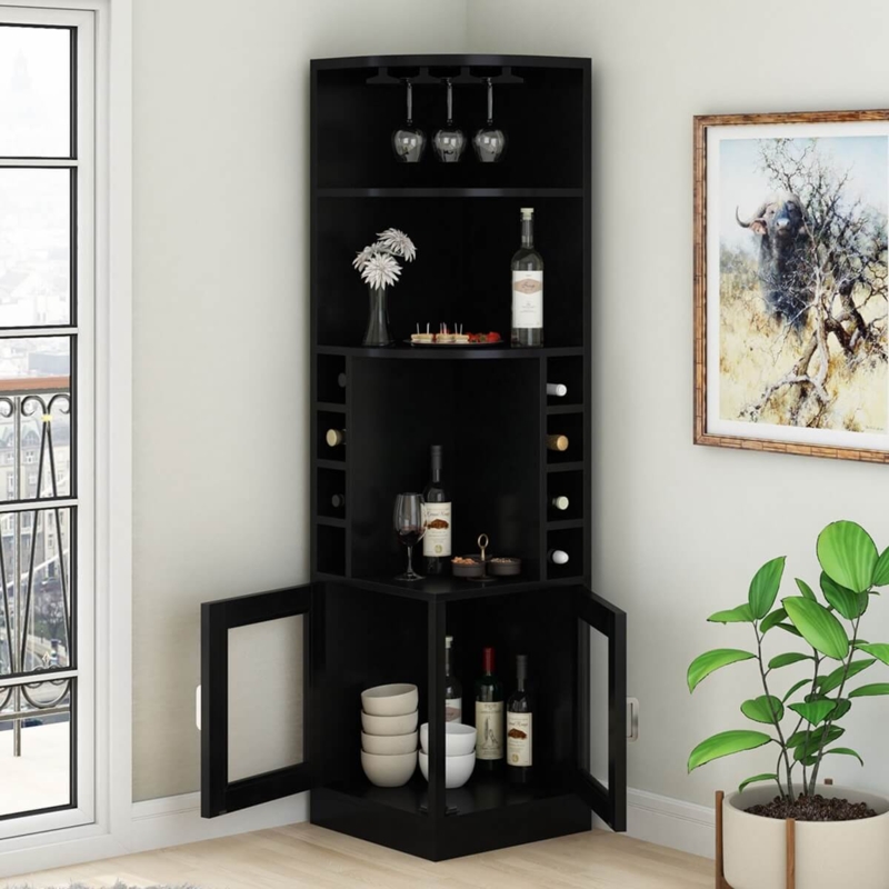Bar Cabinet Corner Fit Matte Black with Integrated Stemware Racks