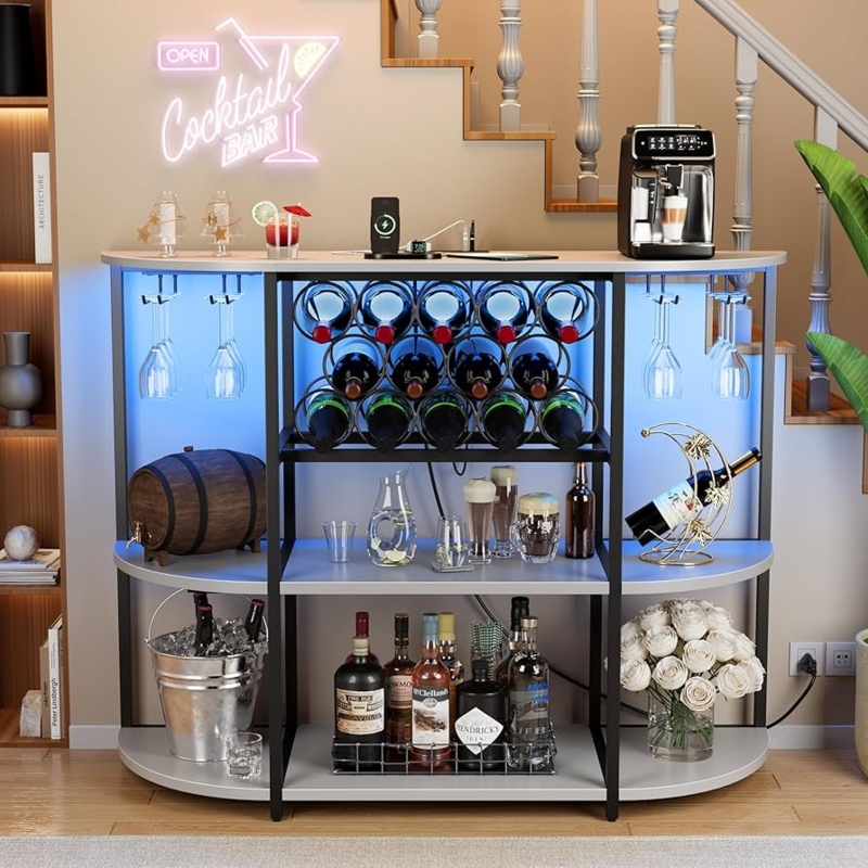 Bar Cabinet Curved Shelves Blue LED Modern Coffee Bar Station