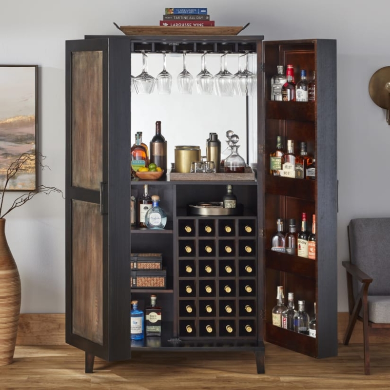 Bar Cabinet Dark Wood Mirrored Back Door Shelving Liquor Storage