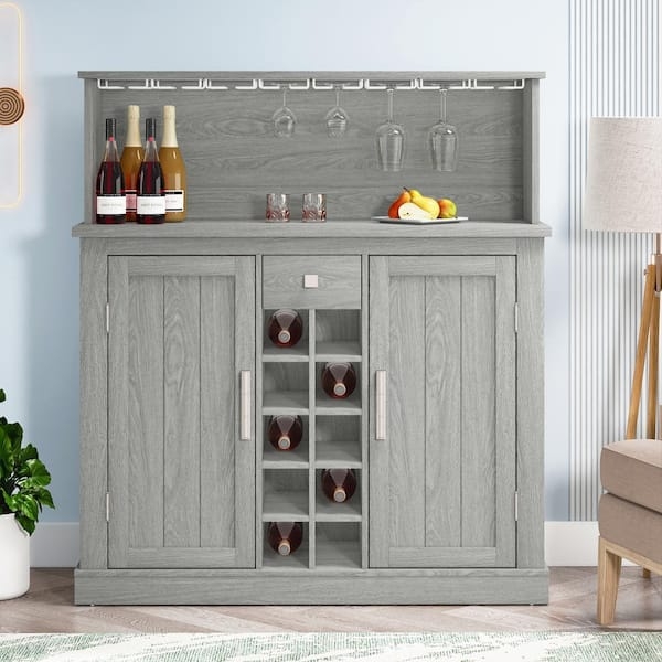 Bar Cabinet Gray Wood Planked Doors Silver Hardware Farmhouse Buffet