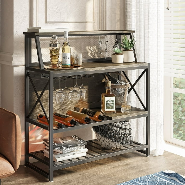 Bar Cabinet Grey Three Tier Mesh Back Industrial Wine Storage