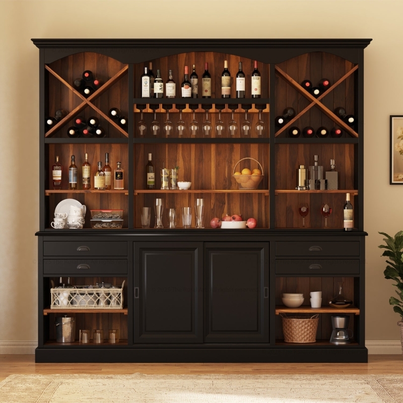 Bar Cabinet Hutch Black X Wine Rack Two Tone Traditional Home Bar