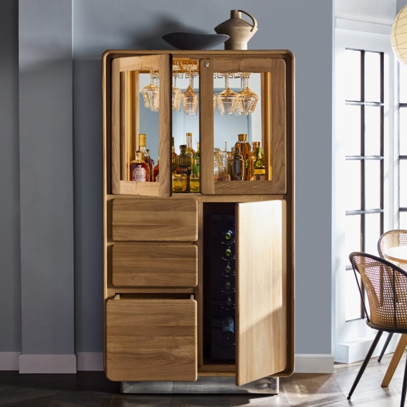 Bar Cabinet Natural Wood Rounded Corners Mirrored Back Light Oak Bar