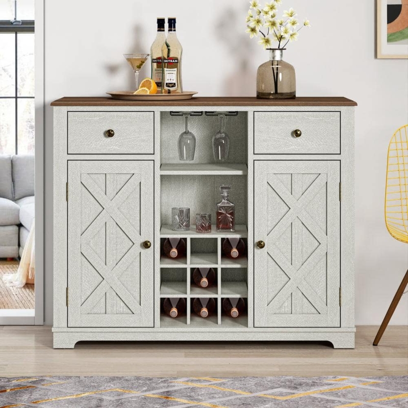 Bar Cabinet Off White X Brace Doors Two Tone Farmhouse Wine Storage
