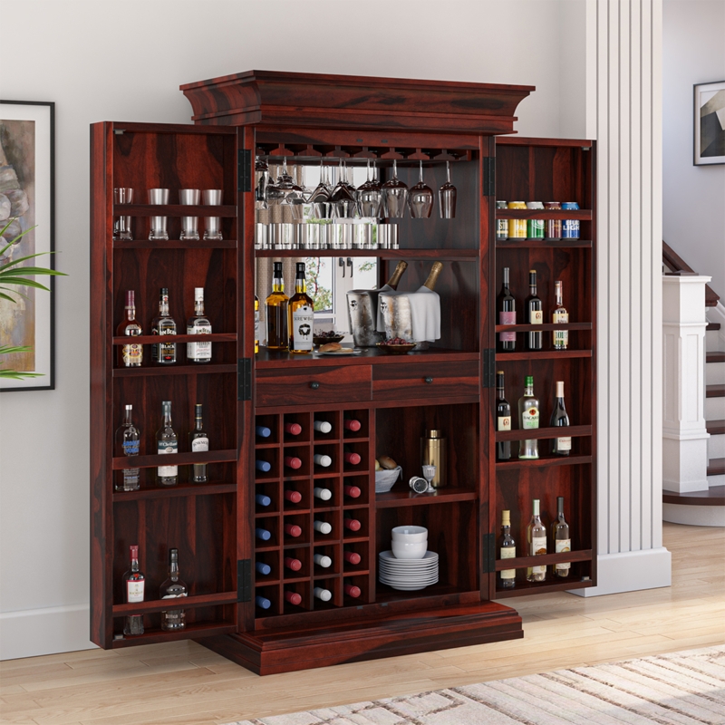Bar Cabinet Reddish Brown Door Shelves Traditional Home Bar Storage