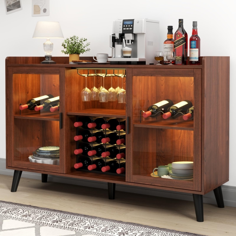Bar Cabinet Walnut Finish Mid Century Modern Lighted Liquor Sideboard