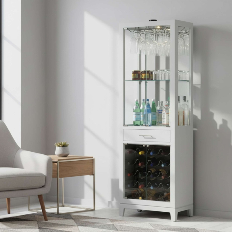 Bar Cabinet White Glass Shelves Glass Doors Tall Wine Storage