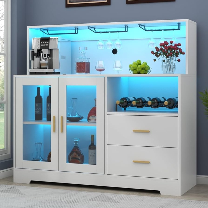 Bar Cabinet White Gold Hardware Blue LED Contemporary Coffee Bar Station