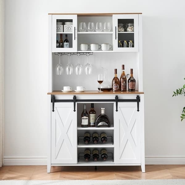 Bar Cabinet White Sliding Barn Doors Farmhouse Coffee Bar Hutch
