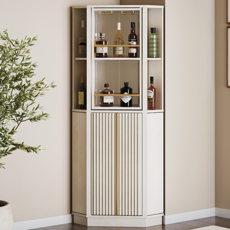 Bar Cabinet with Fluted Doors and Rotating Wine Rack in White Sand