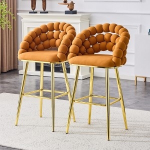 Bar Stool Bubble Backrest Orange Velvet Gold Legs Tufted Glam
