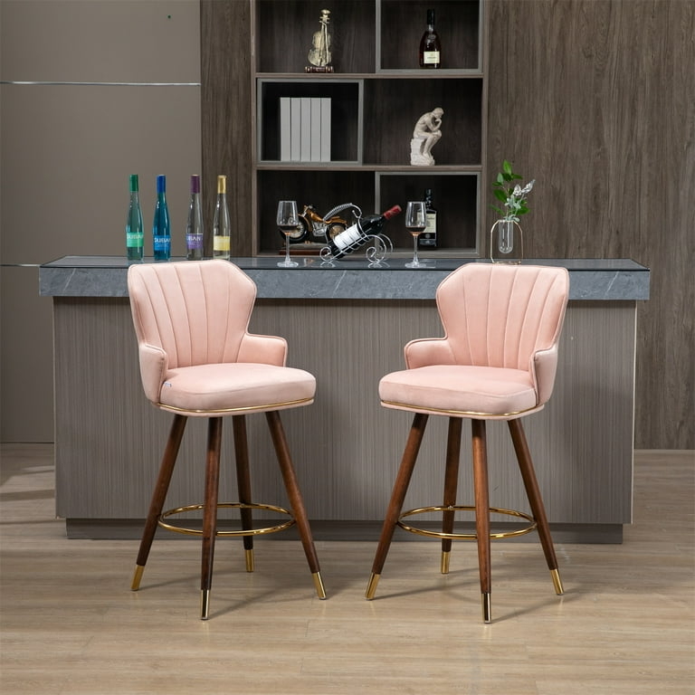 Bar Stool Channeled Backrest Integrated Armrests Wood Toned Legs Swivel