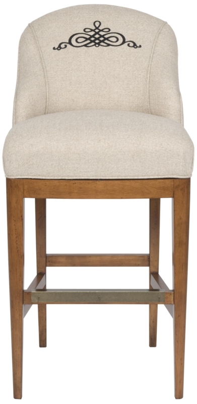 Bar Stool, Curved Barrel Back, Embroidered Medallion, Beige Upholstery