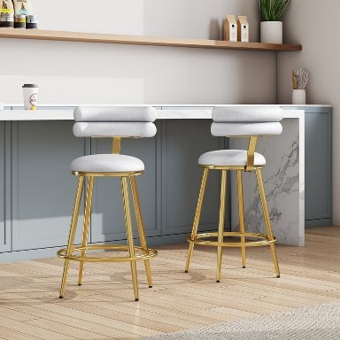 Bar Stool Double Roll Backrest Light Gray Velvet Gold Finish Frame