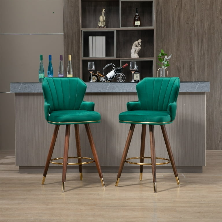 Bar Stool, Emerald Green Velvet, Channeled Backrest, Gold-Tipped Legs