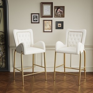 Bar Stool featuring Chic Button-Tufted Back and Slim Gold Metal Legs
