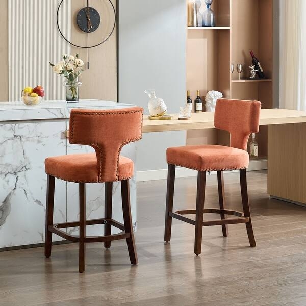 Bar Stool featuring Curved Cutout Backrest and Nailhead Border, Terracotta