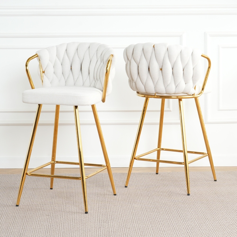 Bar Stool Featuring Unique Braided Back and Polished Gold Frame