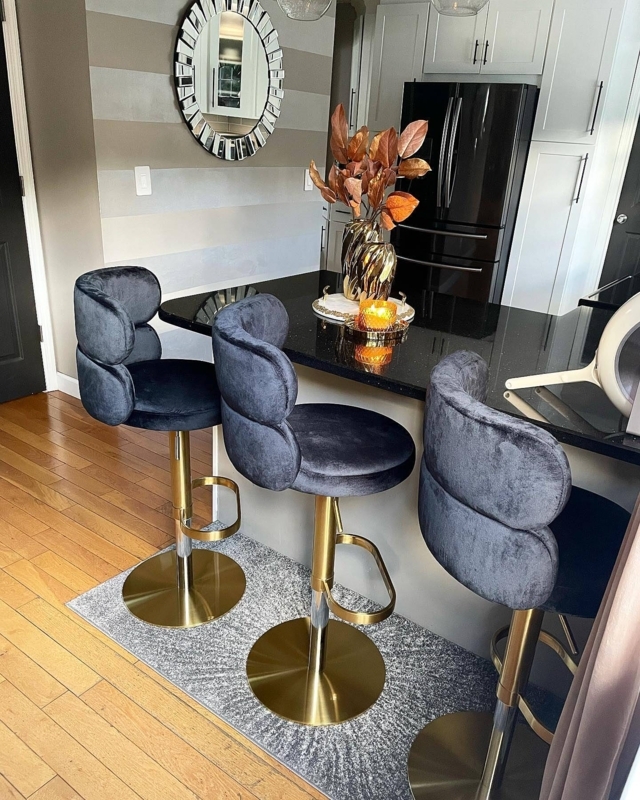 Bar Stool Gold Pedestal Base Black Velvet Swivel Segmented Backrest