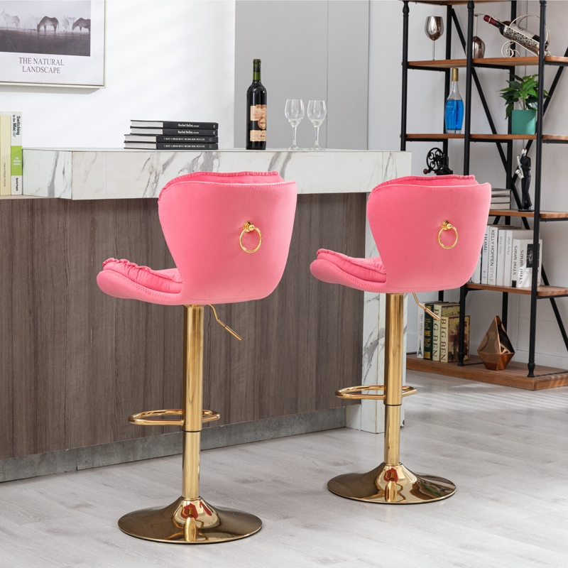 Bar Stool Gold Ring Pull Ruffled Upholstery Swivel Adjustable Base