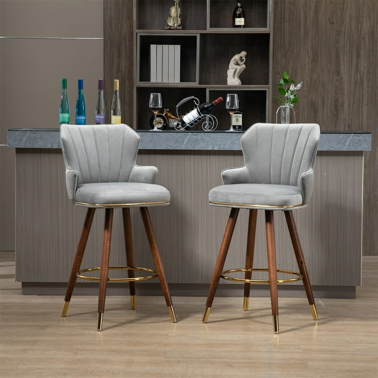 Bar Stool, Grey Upholstered, Curved Armrests, Gold Leg Caps