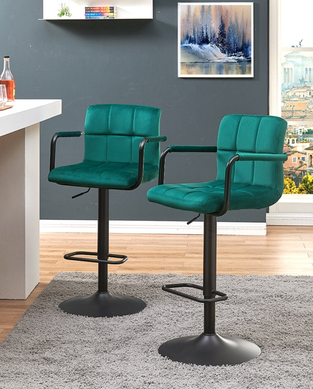Bar Stool Grid Tufted Back Emerald Green Velvet Black Pedestal Base