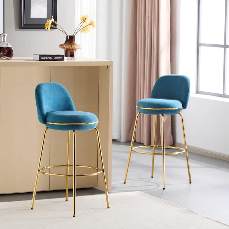 Bar Stool in Teal Velvet with Gold Footrest Ring and Low Profile Back