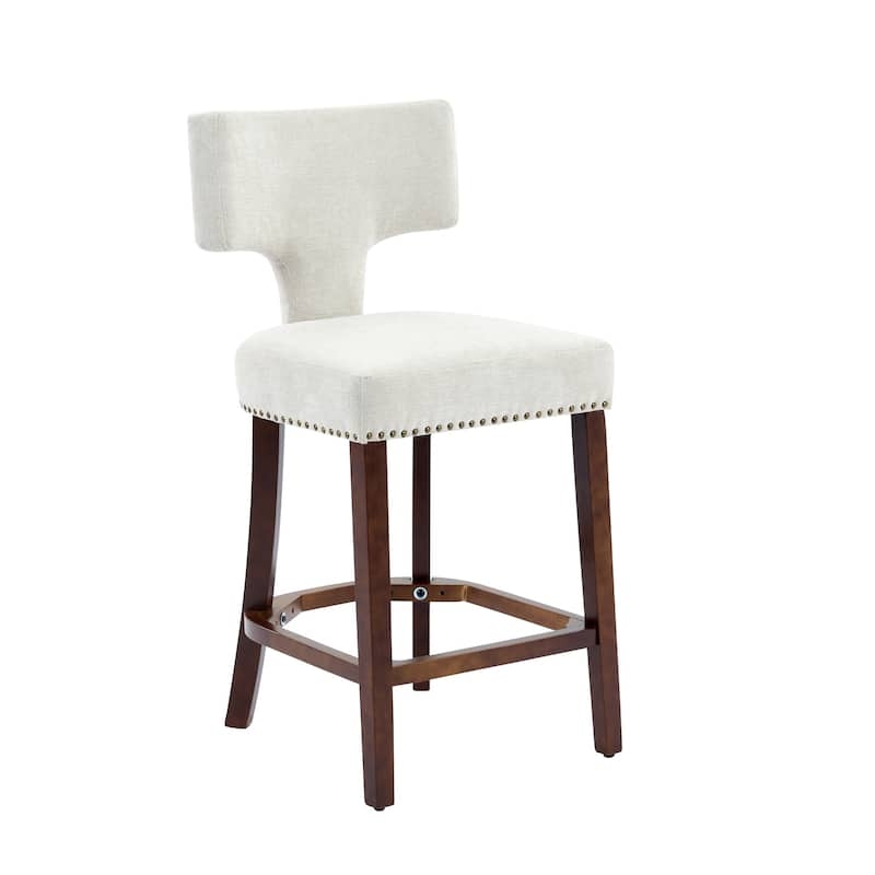 Bar Stool Linen Upholstered Counter Stool with Curved Back, Cream & Espresso