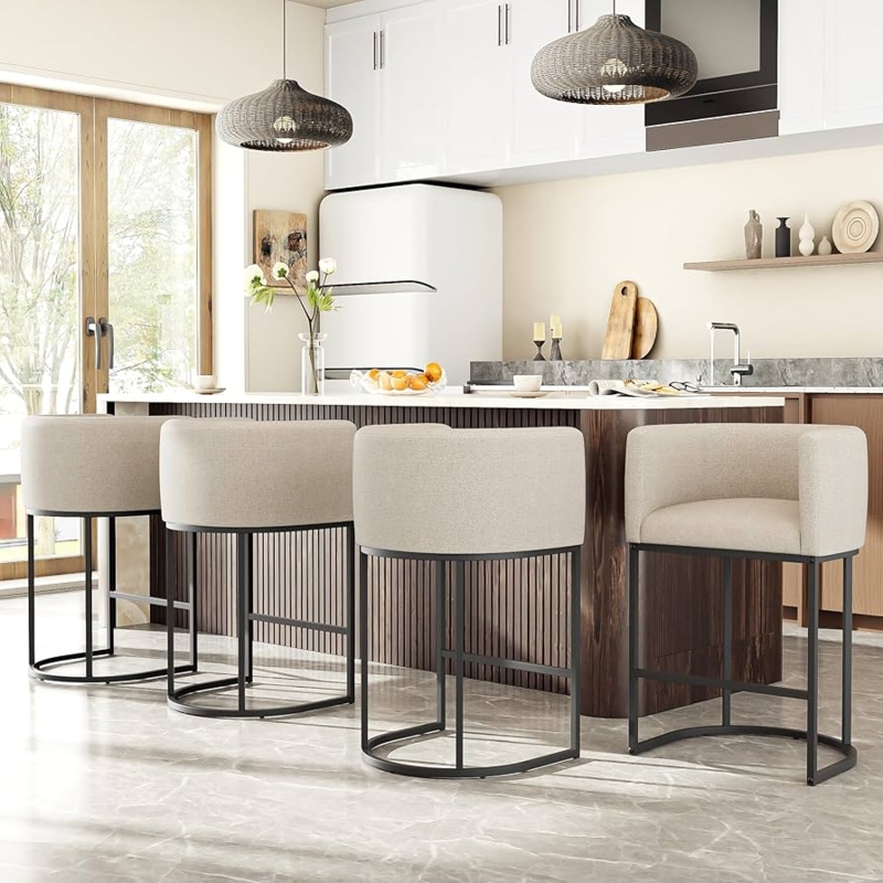 Bar Stool Ribbed Base Bar Stools with Barrel Silhouette, Beige Linen