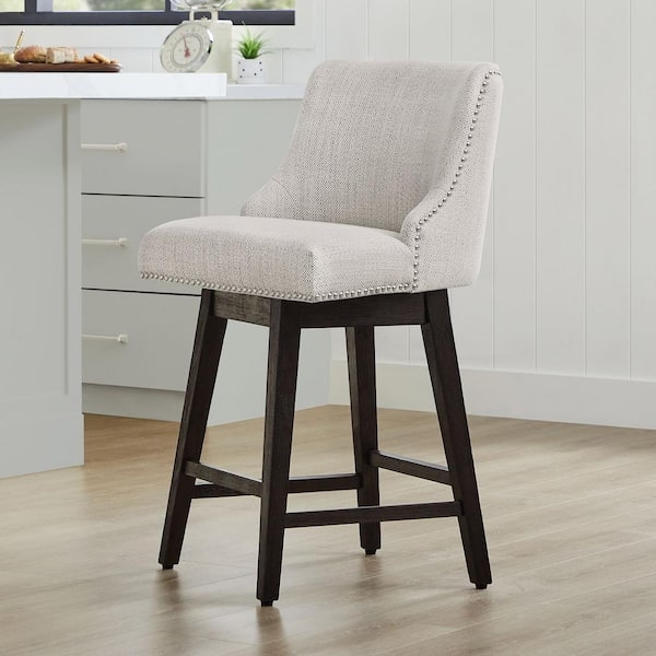 Bar Stool with Dark Wood Swivel Base and Ivory Nailhead Trim Seat