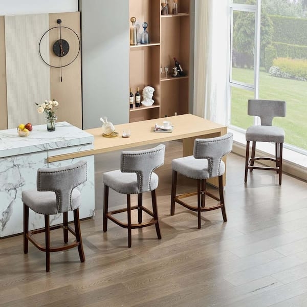 Bar Stool with T-Shaped Backrest and Nailhead Trim, Gray Linen Fabric