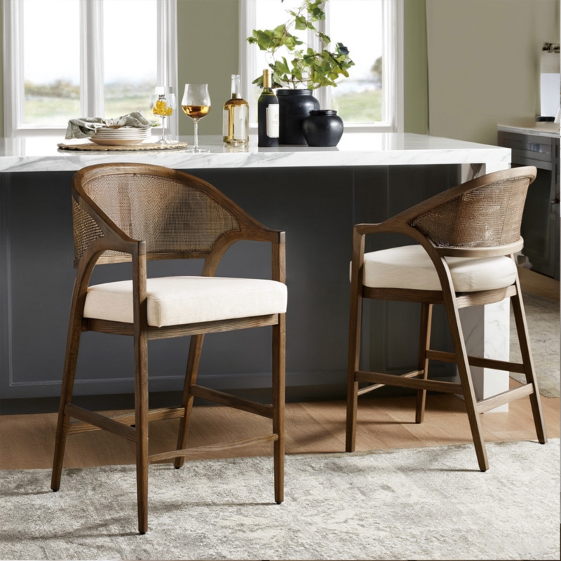 Bar Stool Woven Cane Back Curved Wood Frame Off White Cushion Coastal