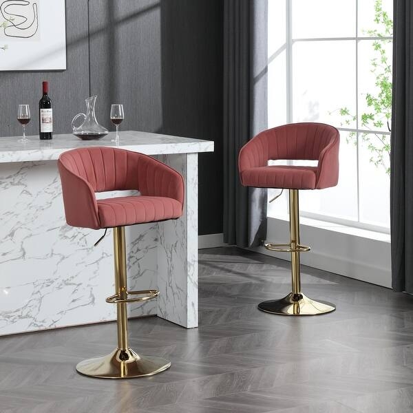 Bar Stools Rose Pink Velvet Hollow Back Gold Pedestal Channel Tufting