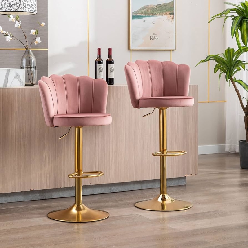 Bar Stools Shell Back Gold Pedestal Base Adjustable Pink Velvet