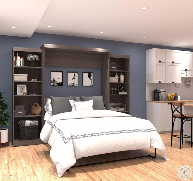 Bark Gray Murphy Bed with Integrated Bookshelves and Folding Leg